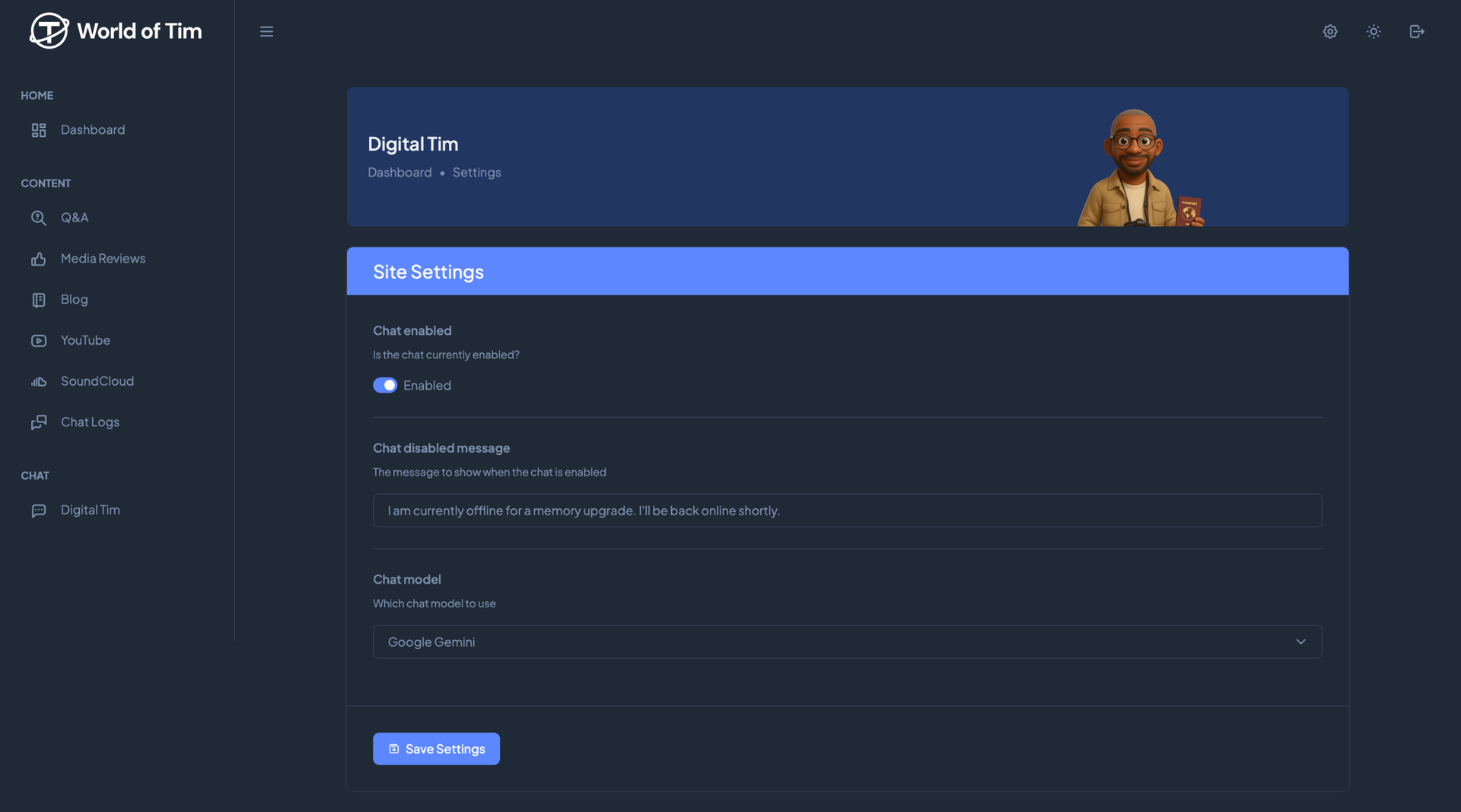 Digital Tim - Settings